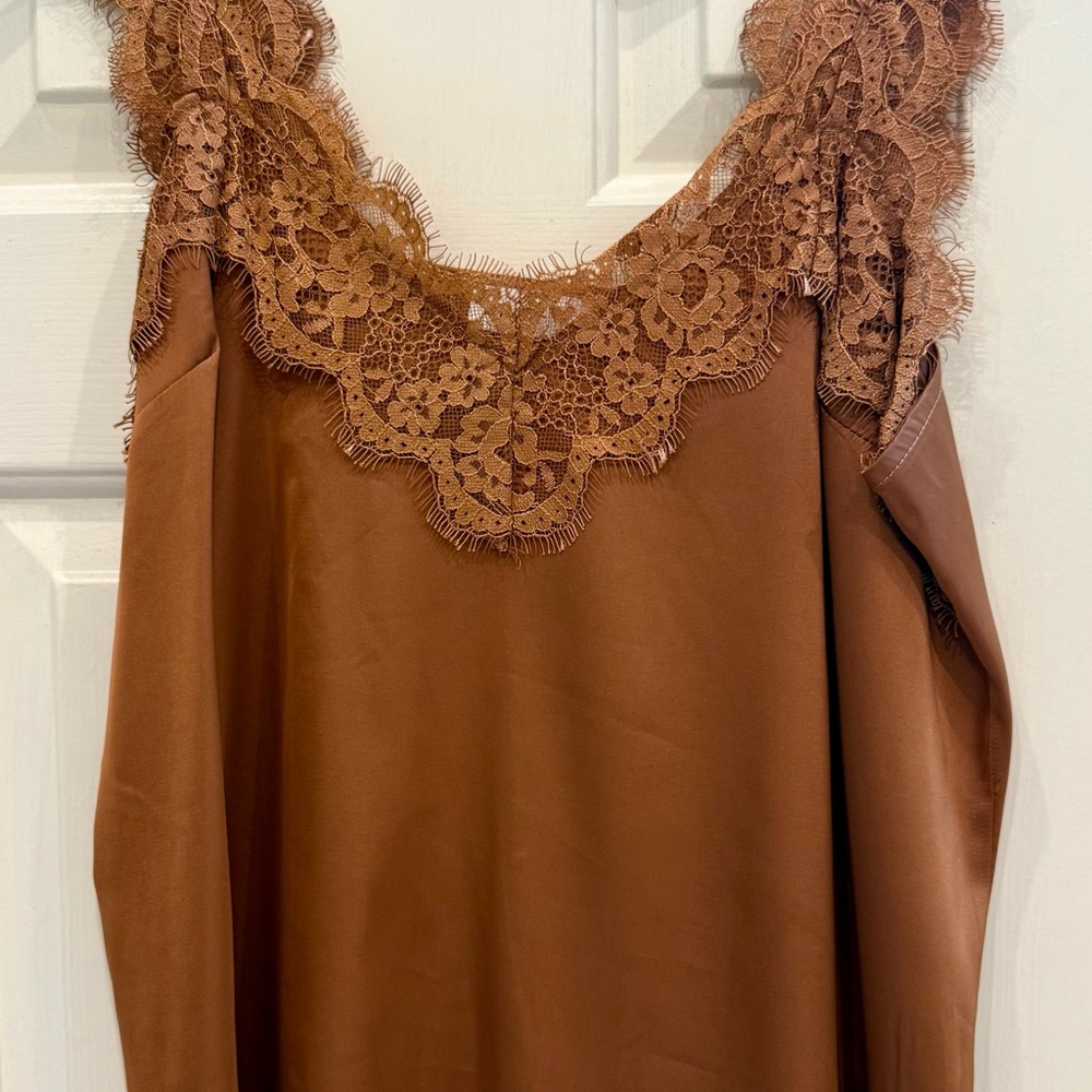 Chic Brown Satin Top with Lace Detail